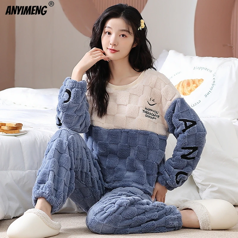 Winter M-5XL Women Jacquard Thermal Plus Size Pajamas Soft Plush