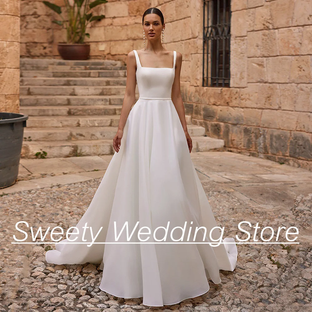 

A Line Organza Wedding Dresses for Woman Bride Square Neck Sleeveless Sweep Train Backless Vestidos De Novia Bridal Gowns