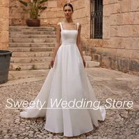 A Line Organza Wedding Dresses for Woman Bride Square Neck Sleeveless Sweep Train Backless Vestidos De Novia Bridal Gowns 1