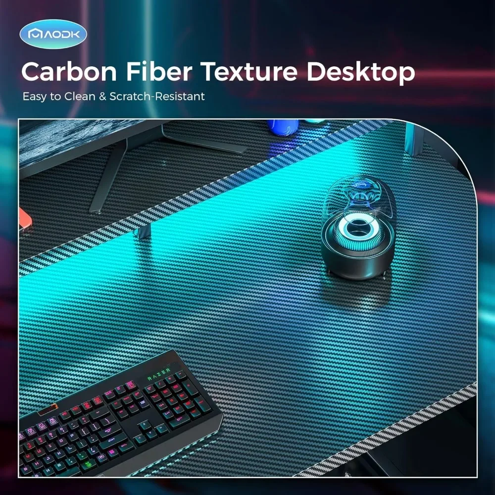 New2025-Computer Desk, 56 Inch Gaming Desk with Led Lights & Power Outlet, Office Desk with Printer Storage Shelves, Reversible