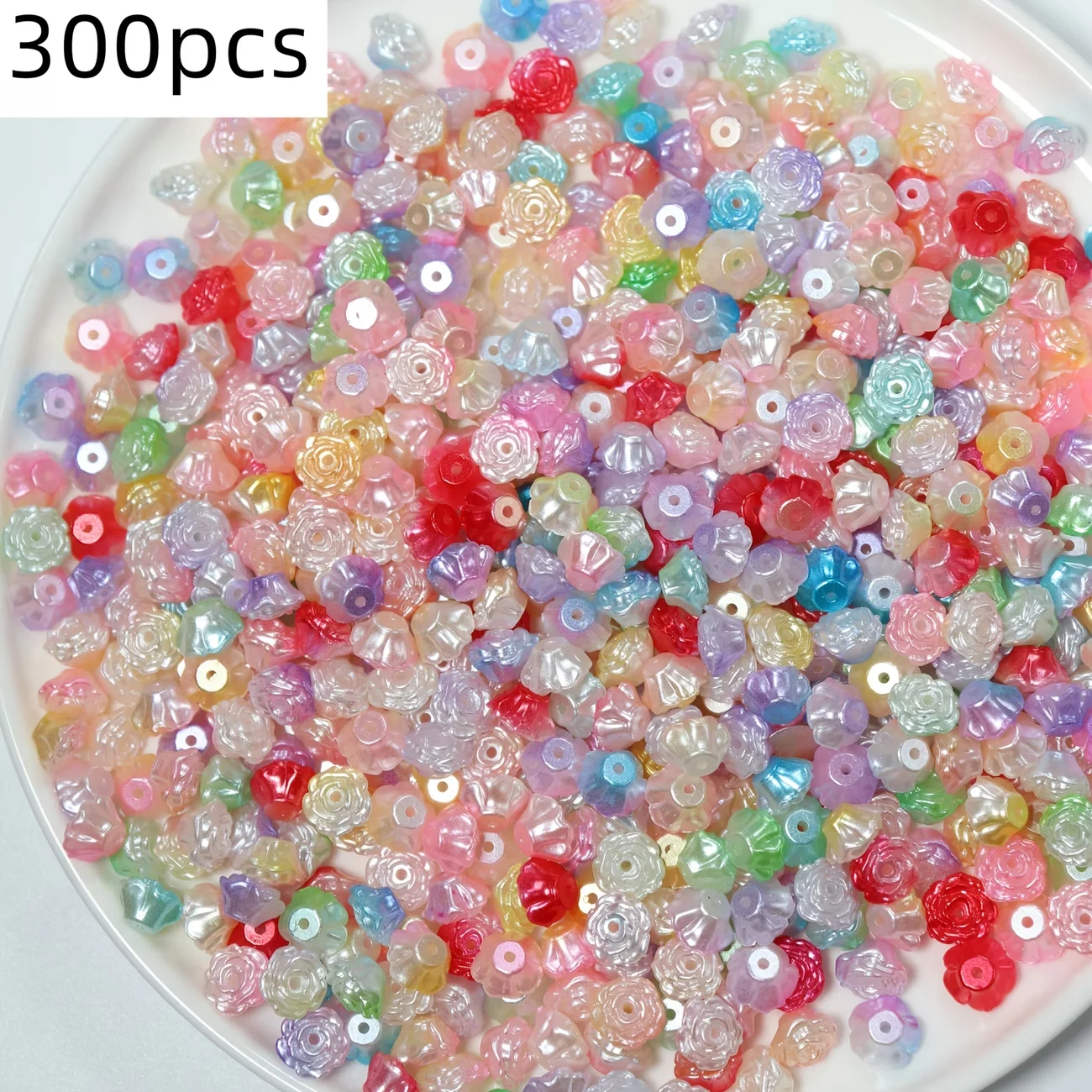 300개의 8mm 아크릴 진주색 카멜리아 비즈를 꿰매어 팔찌와 목걸이용 장식 비즈와 스페이서를 만들었습니다.
