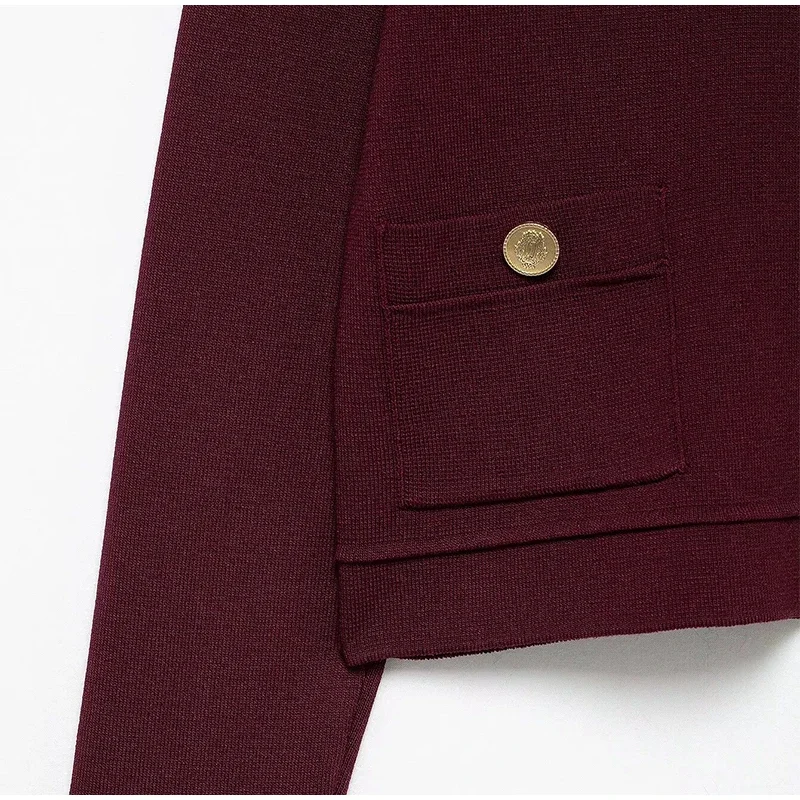 _ Women Skirts 2 Piece Set Burgundy Knitted Lapel Long Sleeve Button Cardigans Pleat High Waist A-line Skirt 2025 Lady Outfits