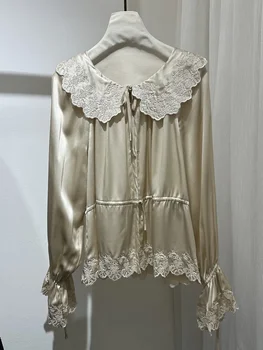 Embroidery Patchwork Women 100% Silk Shirt Turn-Down Collar Petal Sleeve Elegant Ladies Blouse Top