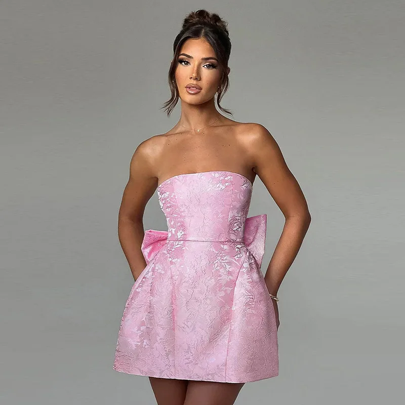 

Women's Y2K Summer skirt Fashion temperament sexy cute pink jacquard strapless bow mini dress strapless dress birthday dress