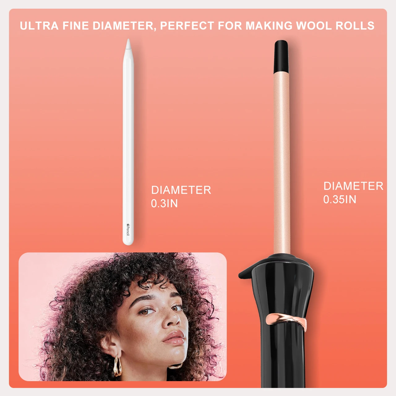Hatteker 9mm Ultra-Fine Wool Curling Iron Constant Temperature Hair Protector Styler for Women Home Use Noodle Curler