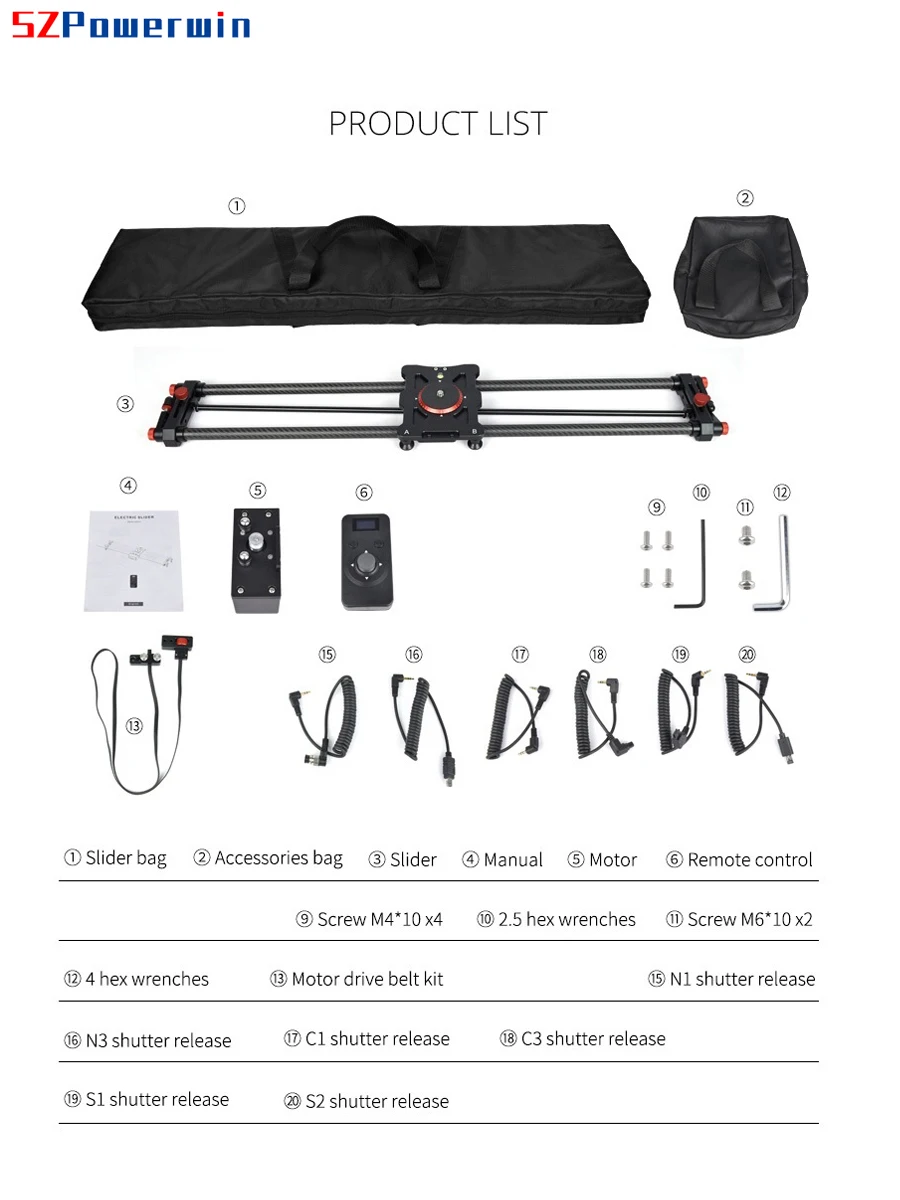 Powerwin Professional Electric Camera Slider Carbon Fiber Track Rail Motor Time Lapse 2.4G Wireless Remote Control