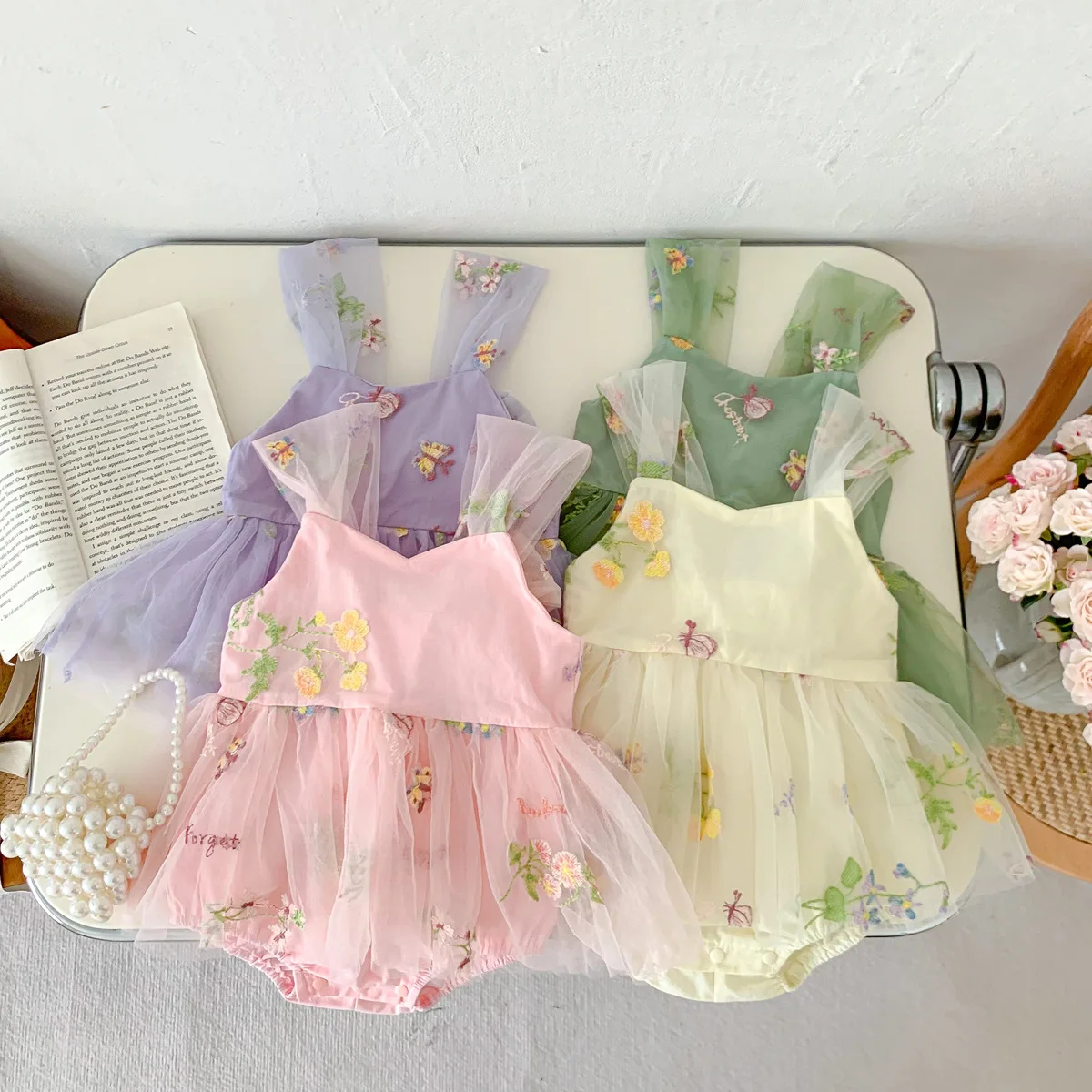 0-2 Years Old  Baby Girls Romper Gauze Embroidered Flower Patterns Sling Baby Jumpsuit Summer Infant Clothes