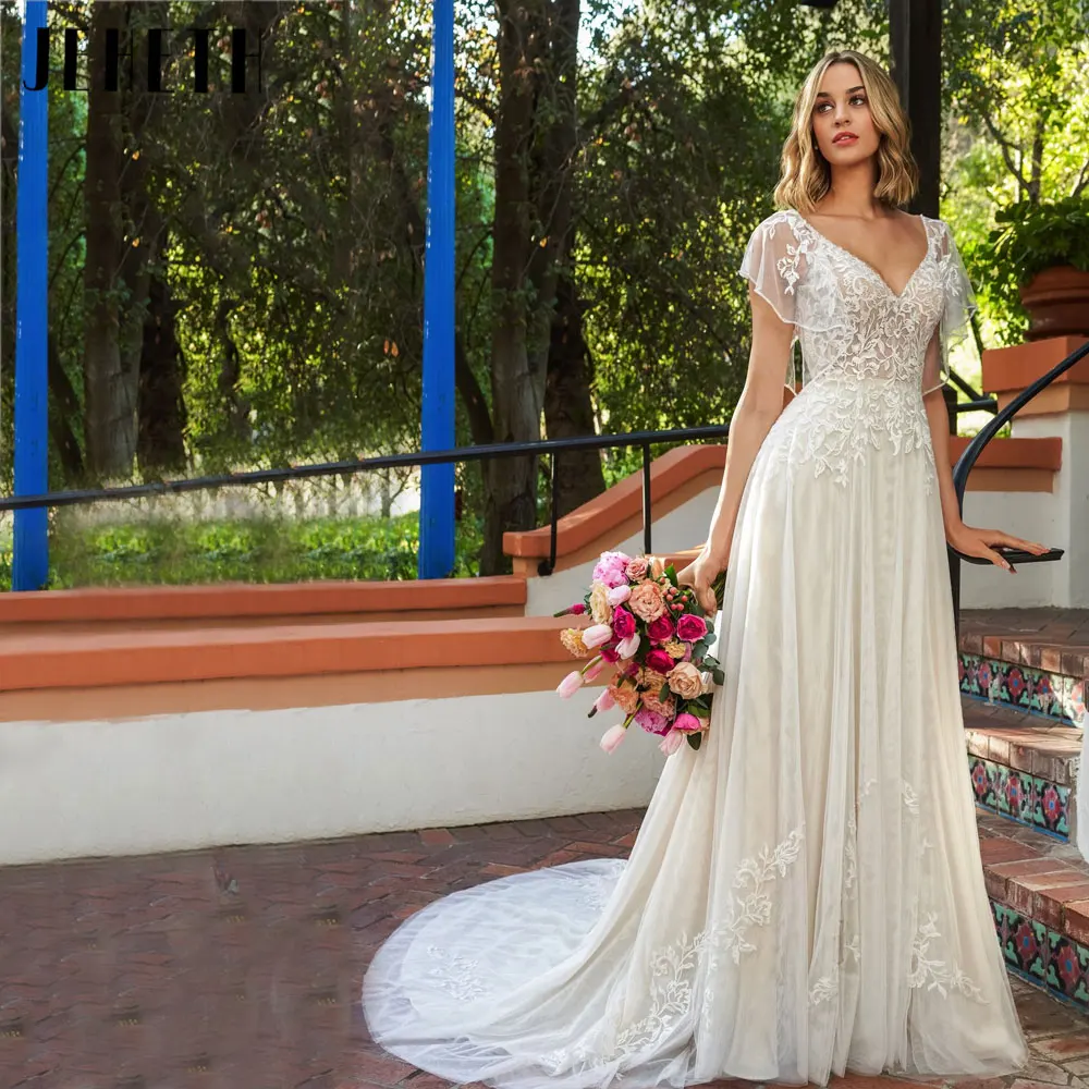 JEHETH Deep V-Neck Appliques Wedding Dresses Short Batwing Sleeves A-Line Bride Gowns Backless Buttons Tulle vestidos para mujer jeheth vintage chiffon appliques boho chic beach wedding dresses backless a line bohemian bridal gowns bride floor length 2022