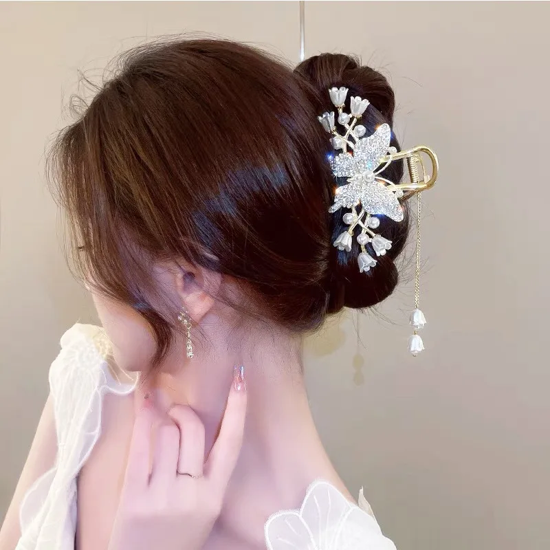 Luxus glänzende Strass Perle Haars pangen trend ige Schmetterling Quaste Haar Kralle Haar griff Haars pangen für Frauen Haarschmuck Schmuck – Detail 16