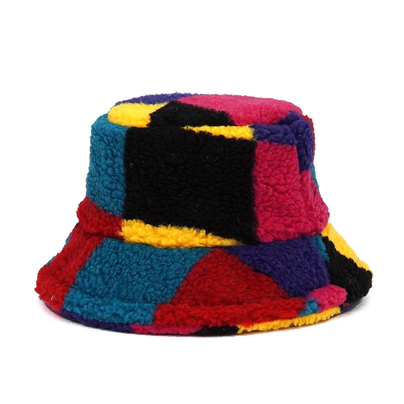 Winter Bucket-Hats Fluffy Fur Men Women Panama Hat Fashion Warm Fisherman Cap Letter Rainbow Houndstooth Leopard Printed fisherman hat bucket hats