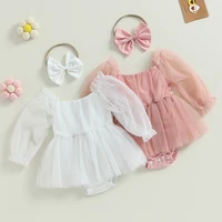 ma&baby 0-24M Newborn Baby Girl Romper Princess Infant Toddler Long Sleeve Tulle Jumpsuit + Bow Headband Fall Spring Outfits 2