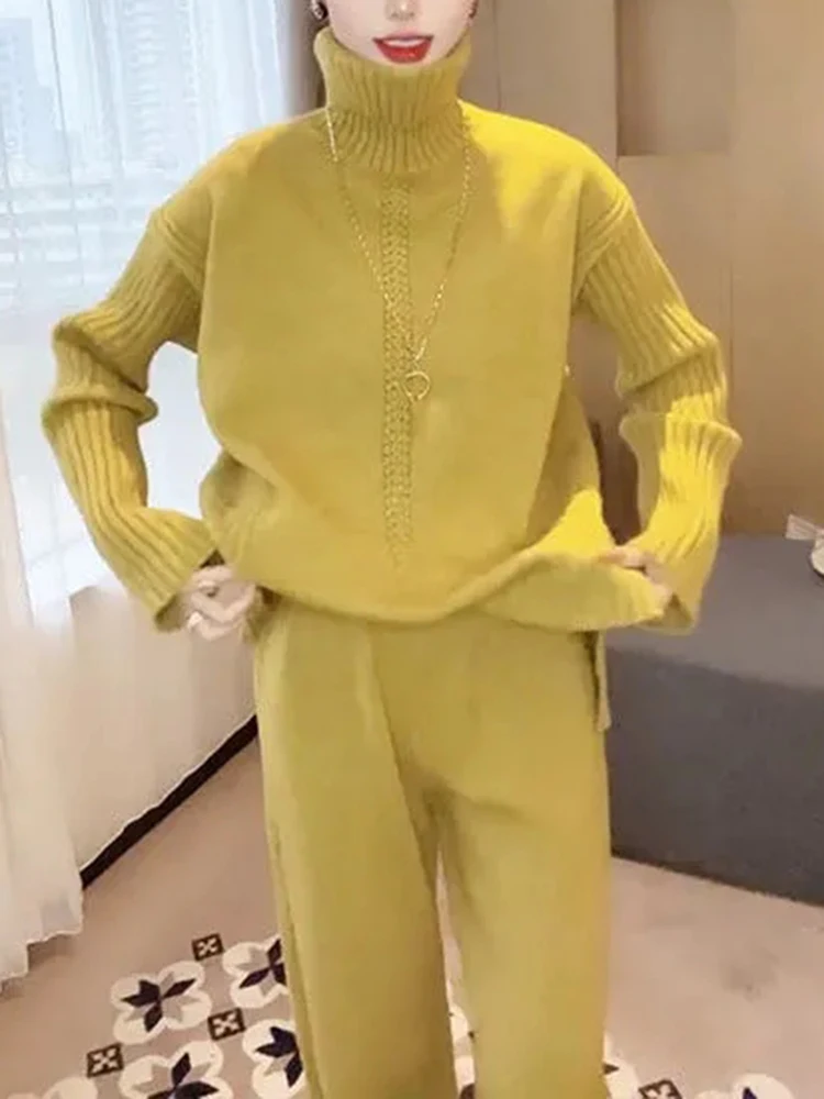 Casual Soft Turtleneck Pullover Sweater 2 Piece Set Korean Knitwear Pull Sweater Top Conjunto Baggy Wide Leg Knitted Pant Outfit