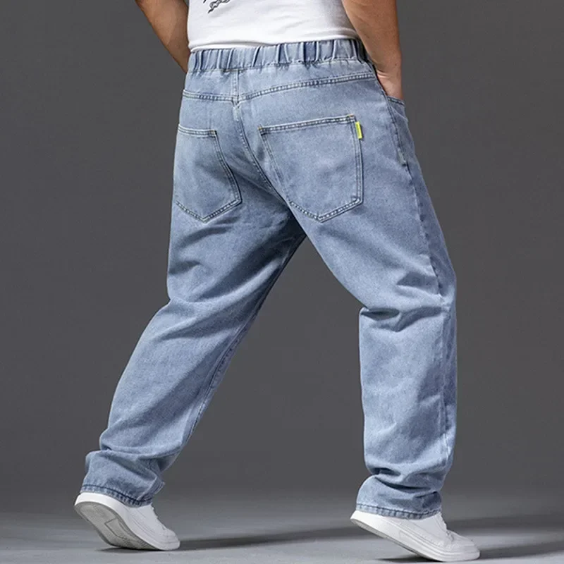 Thick Thigh Wide Leg Jeans For Men Autumn Straight 140KG Stretched Gray Denim Trousers Elastic Waist Plus Size 42 46 Male Pants