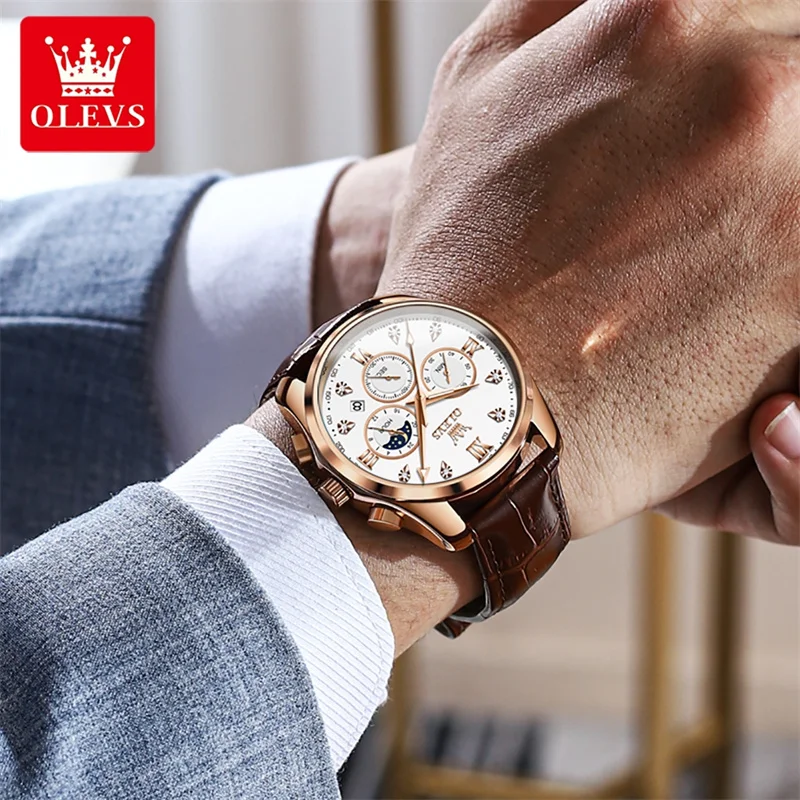 OLEVS Luxury Casual Sport Watch For Men Top Brand Leather Strap Date Moon Phase Waterproof Watches Male Clock Reloj Hombre