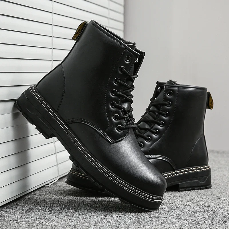 

Повседневные кожаные ботинки, зимние мужские байкерские ботинки с бархатным утеплителем и хлопком, водонепроницаемые Нескользящие черные ботинки со взрывозащищенным верхом