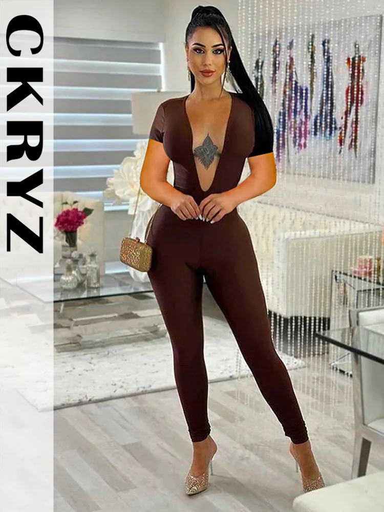 

Ladies Summer Short Sleeve Backless Deep V-Neck Sexy Bodycon Jumpsuit For Women Y2K New Fashion Club Streetwear One Piece Romper