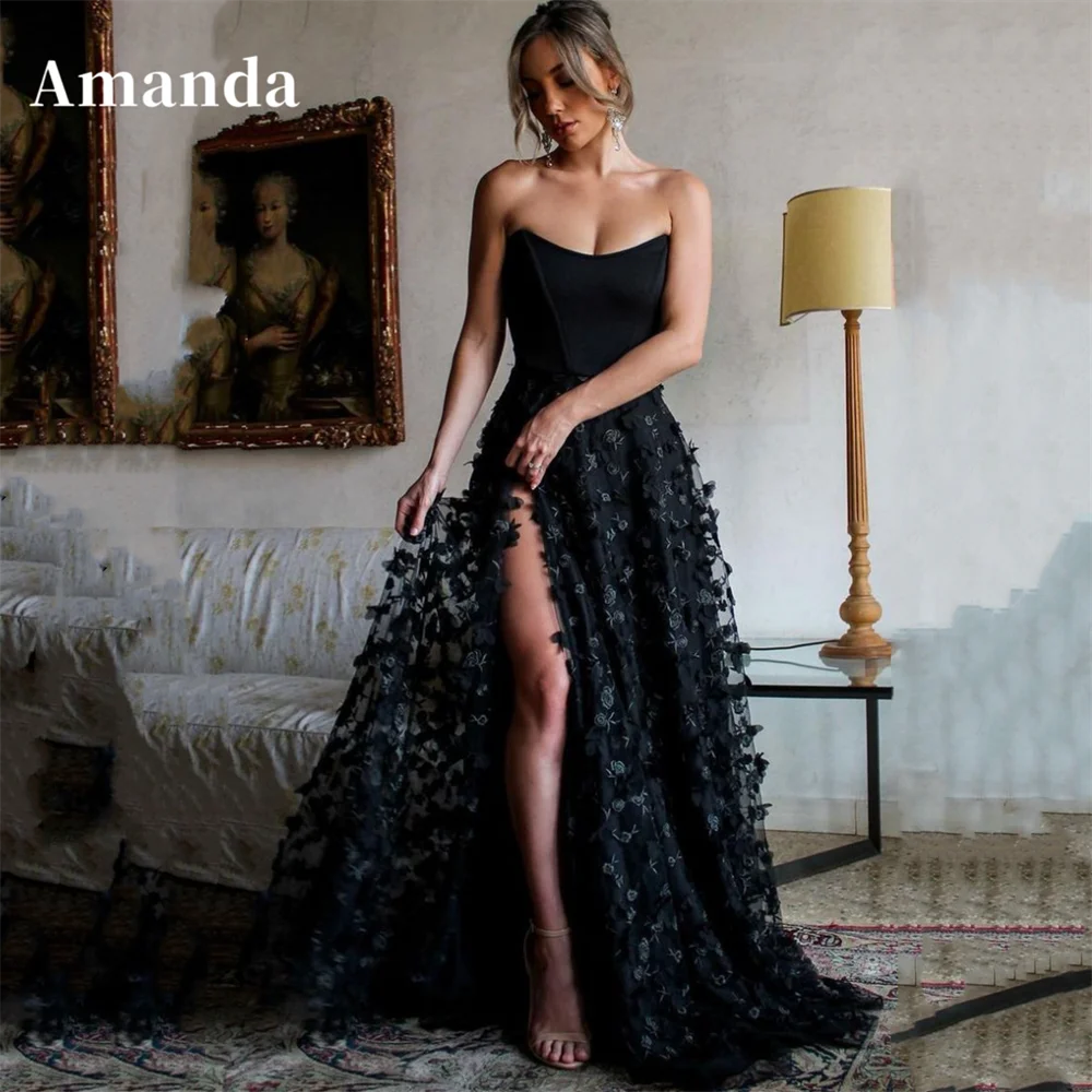 

Черное платье-трапеция Amanda без бретелек для выпускного вечера, элегантный корсет без бретелек с 3D цветочной вышивкой, глубокий разрез сбоку, одежда для выпускного вечера