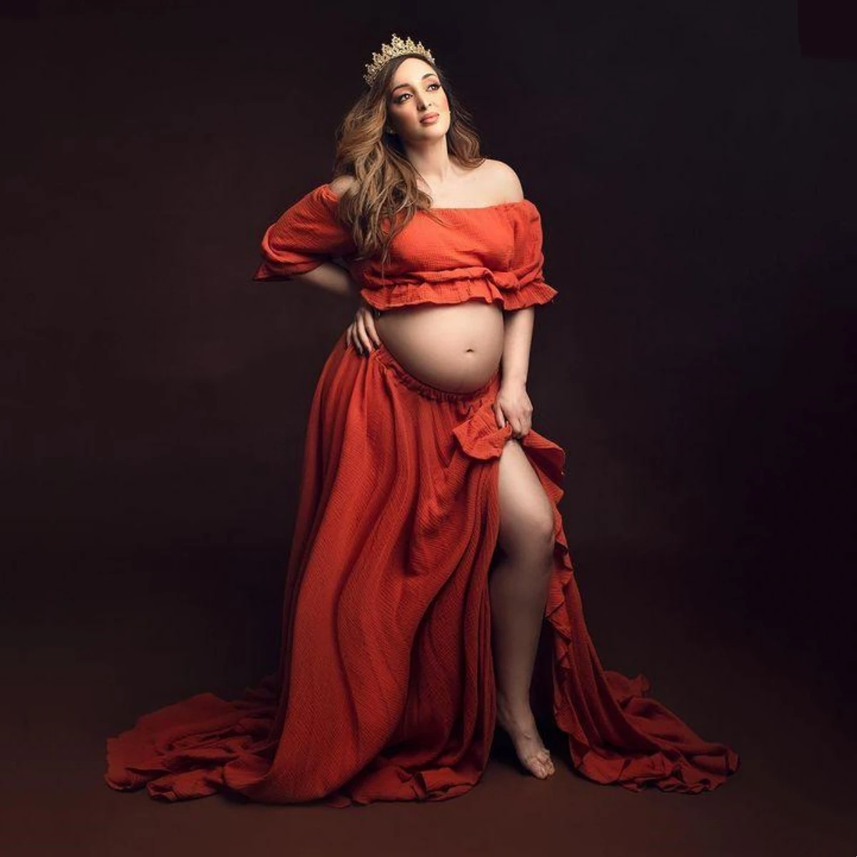 Two Pieces Cotton Maternity Outfit For Photo Shoot 2 in 1 Baby Shower Dresses Set Pregnant Woman Cotton Photography Dress