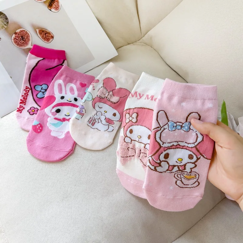 

Mymelody Socks Kawaii Sanrio Cartoon Lady`s Cinnamoroll Hellokitty Kuromi Socks Boat Cute Purin Pure Cotton Socks Ins