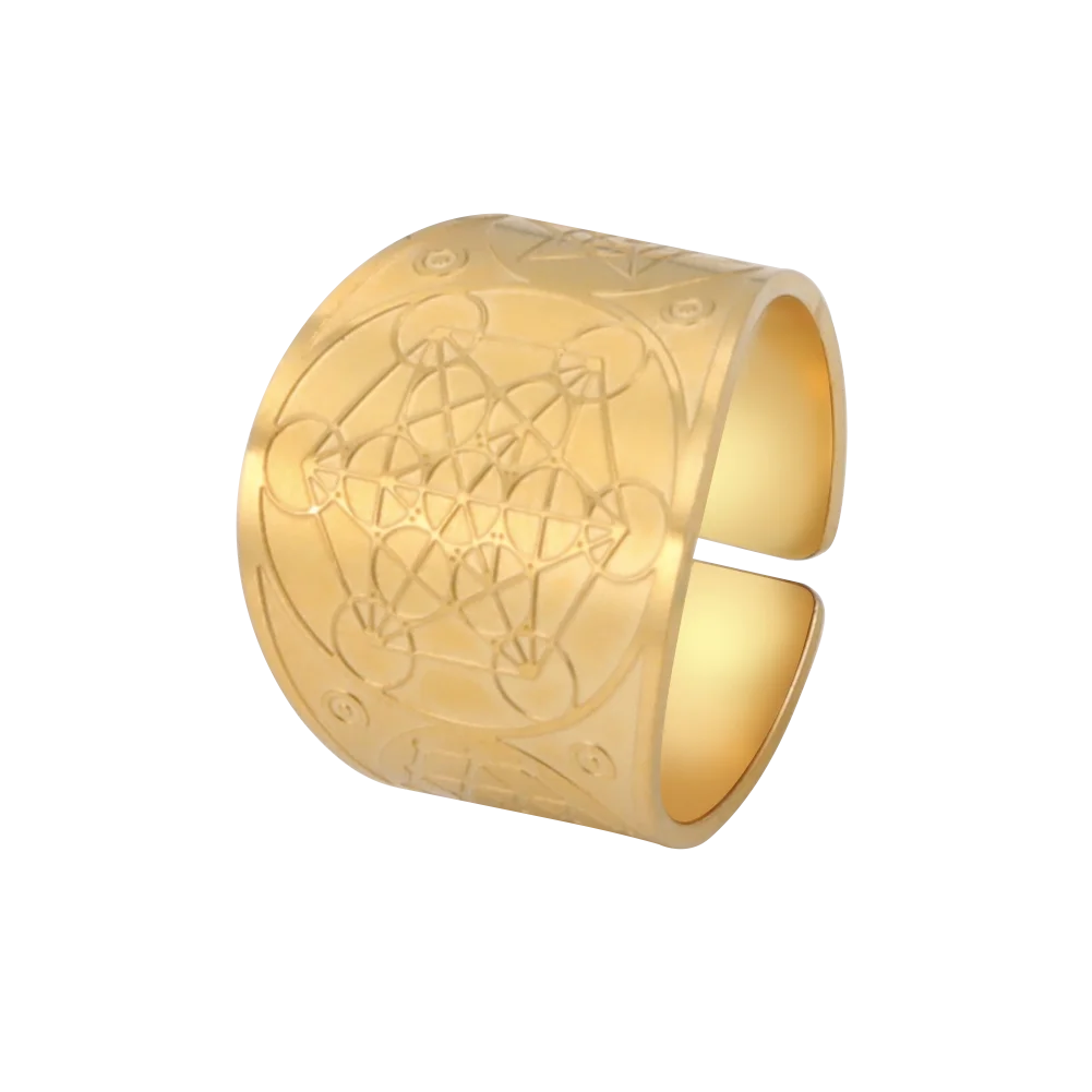 Kkjoy Edelstahl Goldfarben Kupfer Antike Bronze Sechseckiger Stern Magischer Kreis Mond Offener Ring für Männer Party Geschenk Einzelhandel – Detail 29