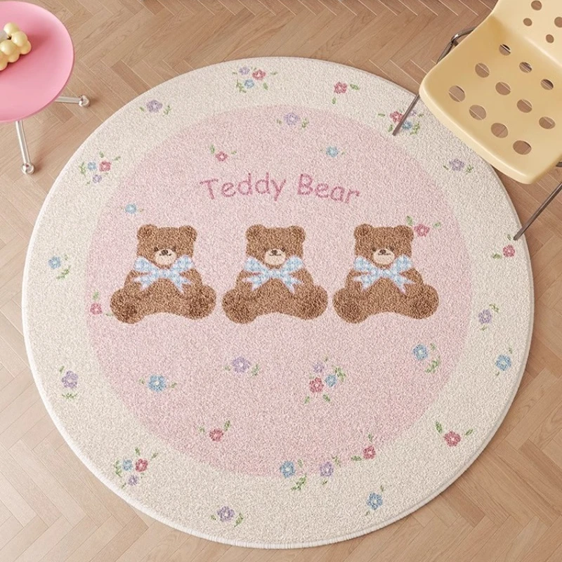 Pink Round Living Room Carpet Cute Cartoon Bear Print Bedroom Rug Wool Ins Fashion Home Decoration Coffee Table Mats Alfombra 러그