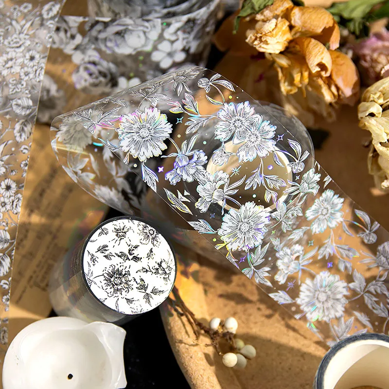 1 Roll PET tape plain brocade flower series hot silver flower handbook DIY decorative cycle stickers Tape 8 kinds