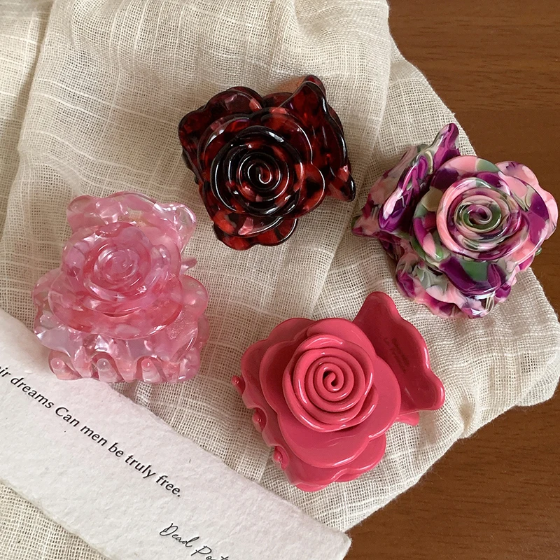 

Colored Roses Hair Claw French Style Mini Acetate Flower Hair Claw Clip Shark Catch Hair Accessories For Women Girls