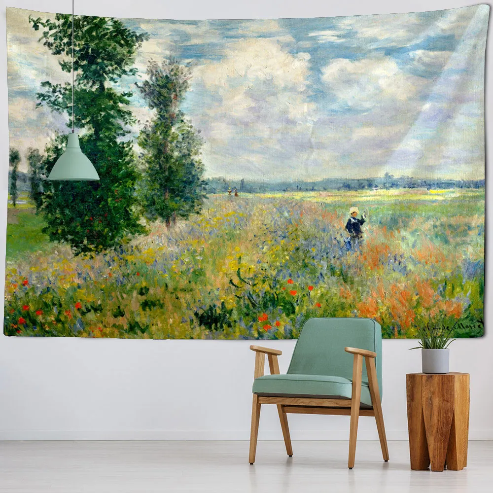 Vintage tapestry art poster lotus wall hanging Van Gogh oil painting aesthetic tapestry living room and bedroom decoration