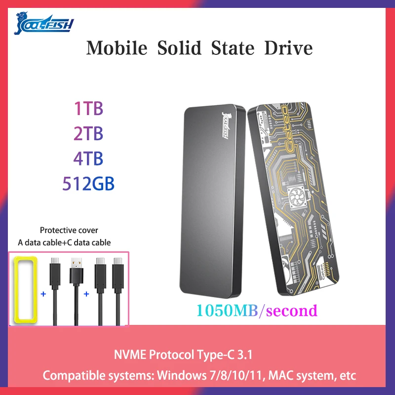 

CoolFish Mobile Solid State Drive 1T2T4T USB3.2Gen2NVME High Speed External Hard Drive Read Write For SSD Windows SATA Gaming