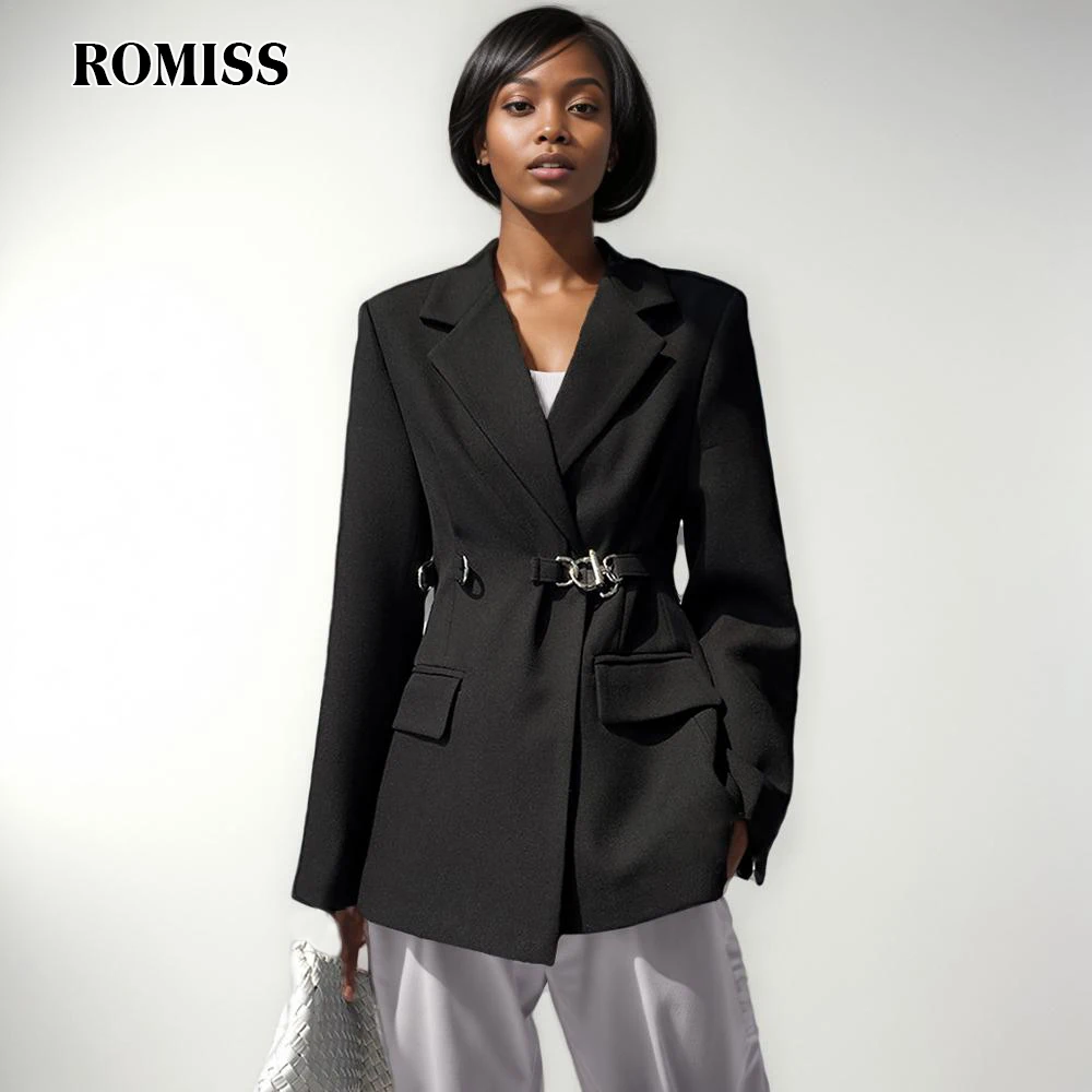 

ROMISS Casual Blazer For Women Notched Collar Long Sleeve Solid Patchwork Belt Chic Blazers Female Fashion Style Clothes