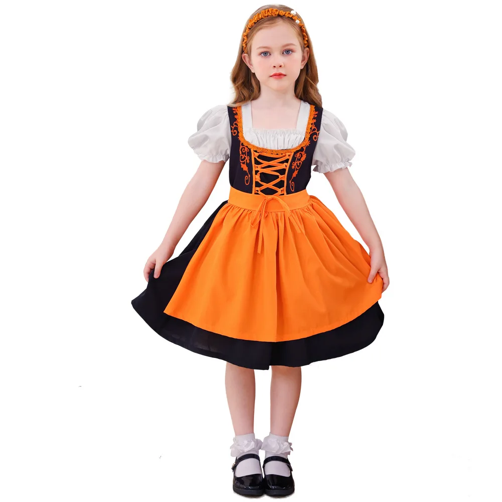 German Beer Festival girls' performance costume Halloween pet dog cosplay Costume orange set for Kid girls and pet