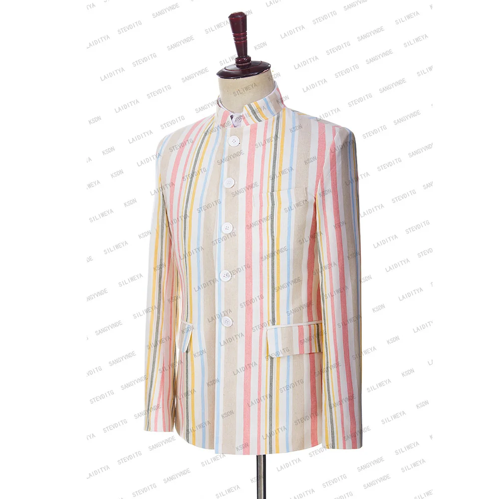 Blazer Men Suits Colorful Stripe Linen Summer Stand Collar Single Breasted Jackte Pants Leisure Piece Full Set Outfits Fahion