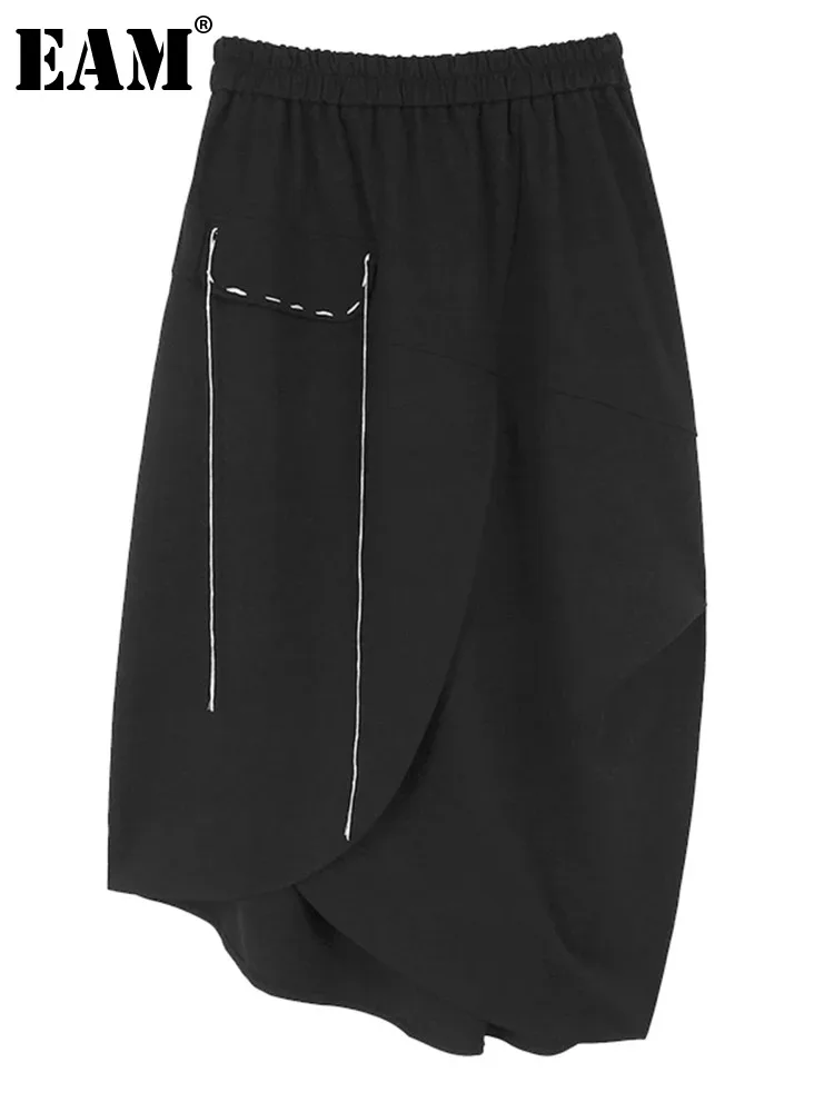 

Женская Асимметричная Юбка-миди [EAM], Черная Юбка-миди с высокой талией и эластичным поясом, с вышивкой сверху, асимметричного покроя, 1DH5561, весна-осень 2024