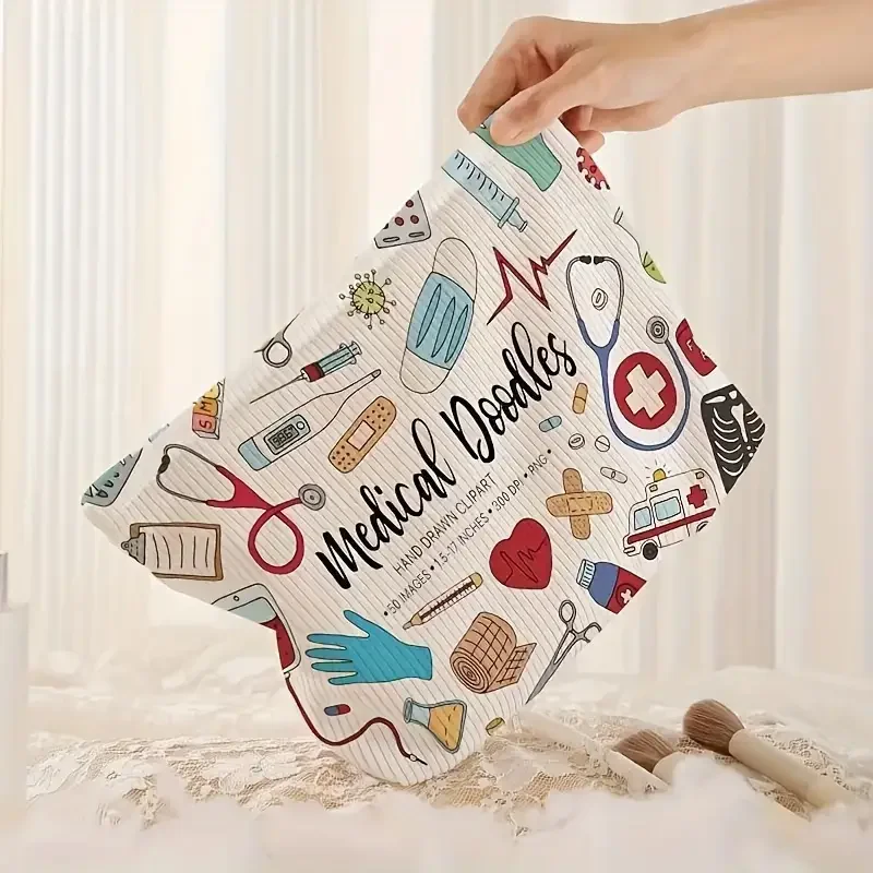 Medical Graffiti Printed Corduroy Makeup Bag, Lightweight Zipper Makeup Storage Box, Multi functional Bag with Lining