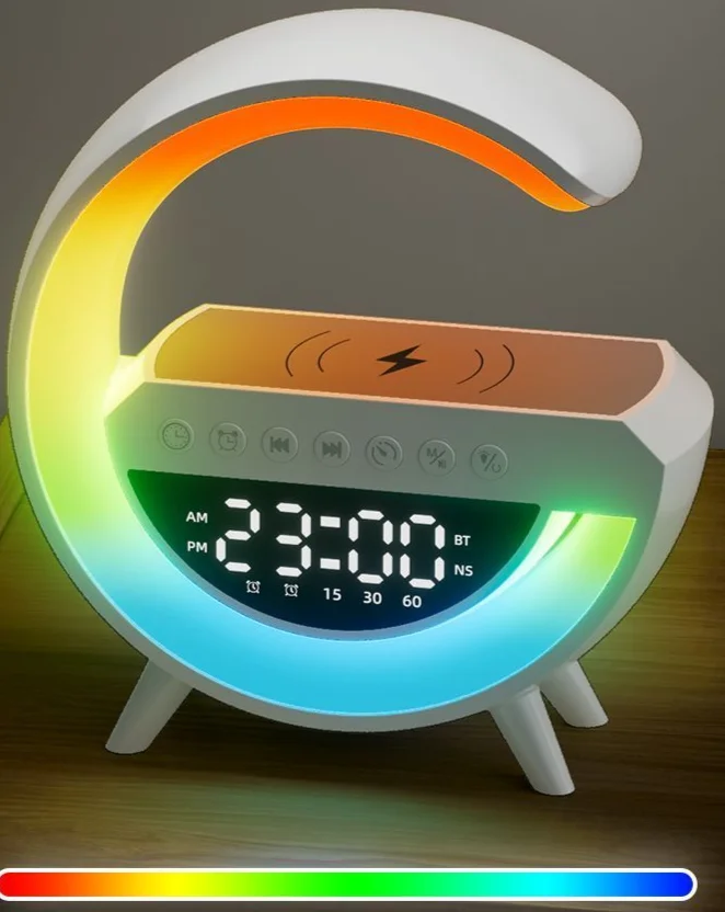 Sveglia con altoparlante Bluetooth 3 in 1 con ricarica wireless mobile, atmosfera, comodino, luce notturna abbagliante_voghion.com