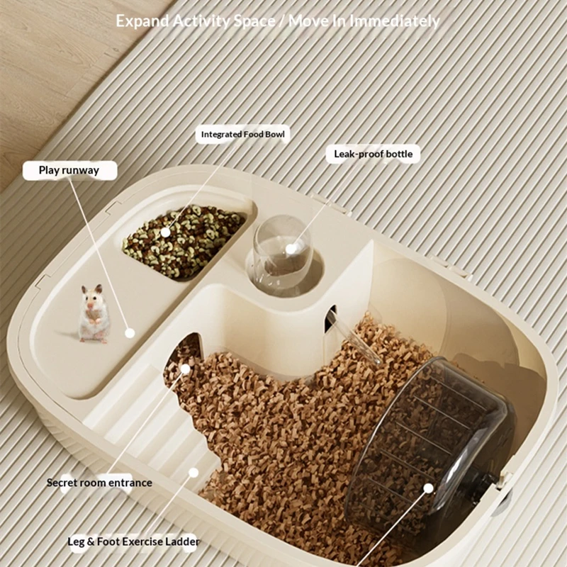 Villa per criceti in acrilico a vista completa, gabbia multifunzione con area per l'alimentazione, distributore d'acqua e nascondiglio per animali domestici, gerbilli e topi - immagine 4