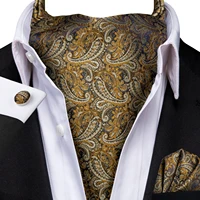 3pcs Mens Yellow Gold Floral Stripes Cravat Ascot Pocket Square Cufflinks  Set Wedding Formal Casual Office 2