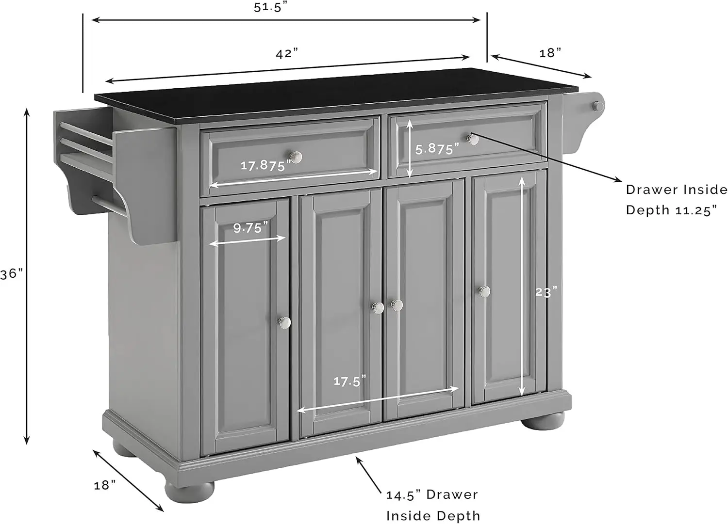 Alexandria Kitchen Island with Solid Black Granite Top, Vintage Grey