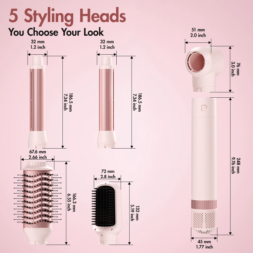 Hair dryer brush detachable 5-in-1 styling and drying system, fast drying, curl smoothing and styling, automatic curling iron