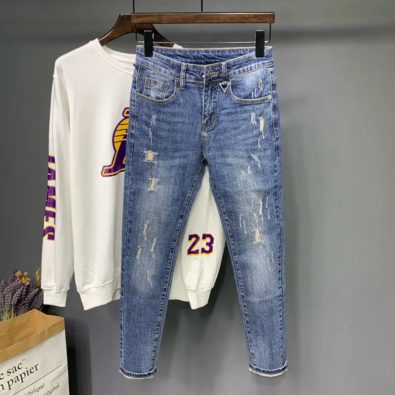 New Korean Trendy Men's Distressed Denim Casual Pencil Pants Spring and Autumn Blue Jeans Washed Luxury Cowboy Streetwear Pants