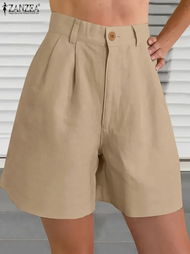 

ZANZEA Loose Pocket Shorts Casual Holiday Slacks Pleated White Black Short Trouser Women Elastic High Waist Fashion OL Suit Pant