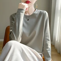 Spring Autumn 100% Cotton Long-Sleeved T-Shirt Women's Round Neck Mercerized Cotton Bottoming Shirt Loose Top - Image 6