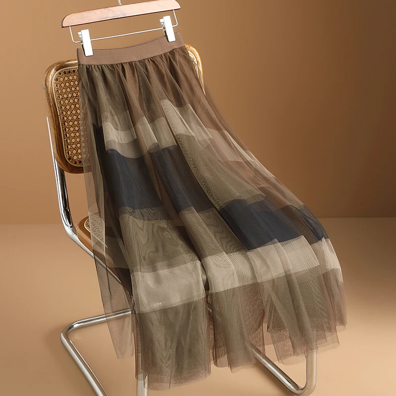 

Mesh Skirt Spring Geometric Print Half length Skirt A-line Large Swing Skirt Elegant and Elegant Fluffy Skirt