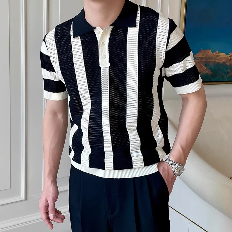Contrast Color Striped Mens Polo Shirts Trendy Button Turn-down Collar Knit Tops Men Spring Summer Daily Casual Breathable Polos 23 Se9274a3550f744669f22c3374a36b3f6v