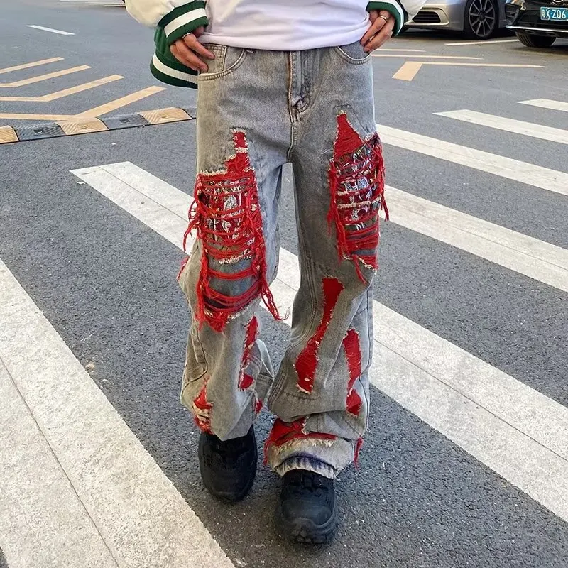 OIMG Y2K Streetwear Baggy Ripped Stacked Jeans Pants Men Clothing Straight Denim Trousers Pantaloni Uomo
