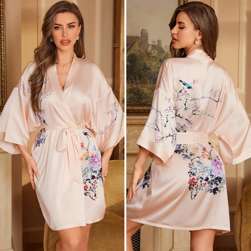 Navy Blue Floral Silk Satin Kimono-Style Nightgown