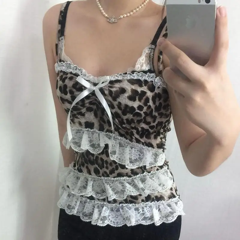 

Deeptown Y2k Leopard Print Camis Women Lace Ruffle Tank Tops Coquette Aesthetic Vintage Sexy Cropped Tops Sweet Gyaru Streetwear