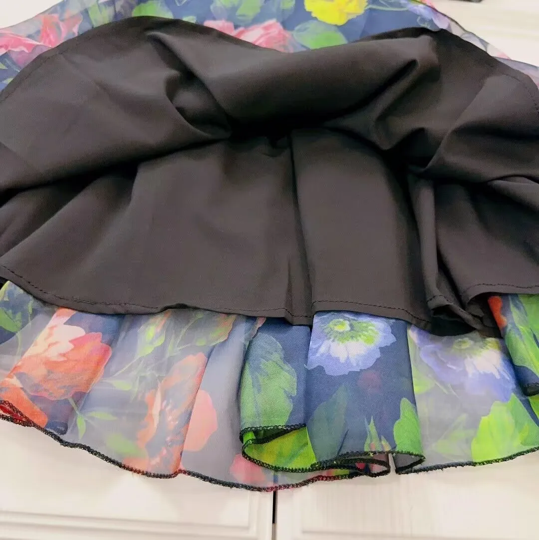 فستان أسود بأكمام قصيرة للفتيات ، ملابس أطفال ، لطيف ، تصميم زهرة ، أميرة ، الصيف