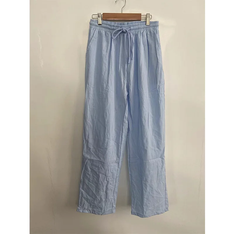 Womens Clothing Drawstring Loose-fitting Cotton Linen Trousers Summer Solid Color Pockets Elastic Casual Nine Points Pants