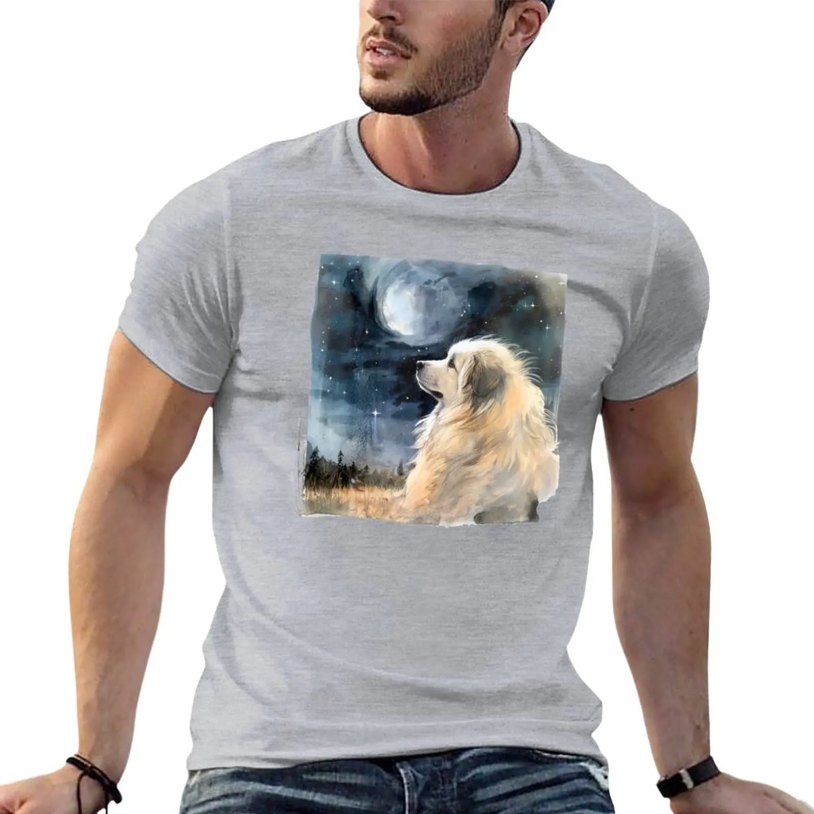 

New Watercolor Great Pyrenees Gazing at The Moon & Stars T-Shirt black t shirts hippie clothes Short sleeve tee men